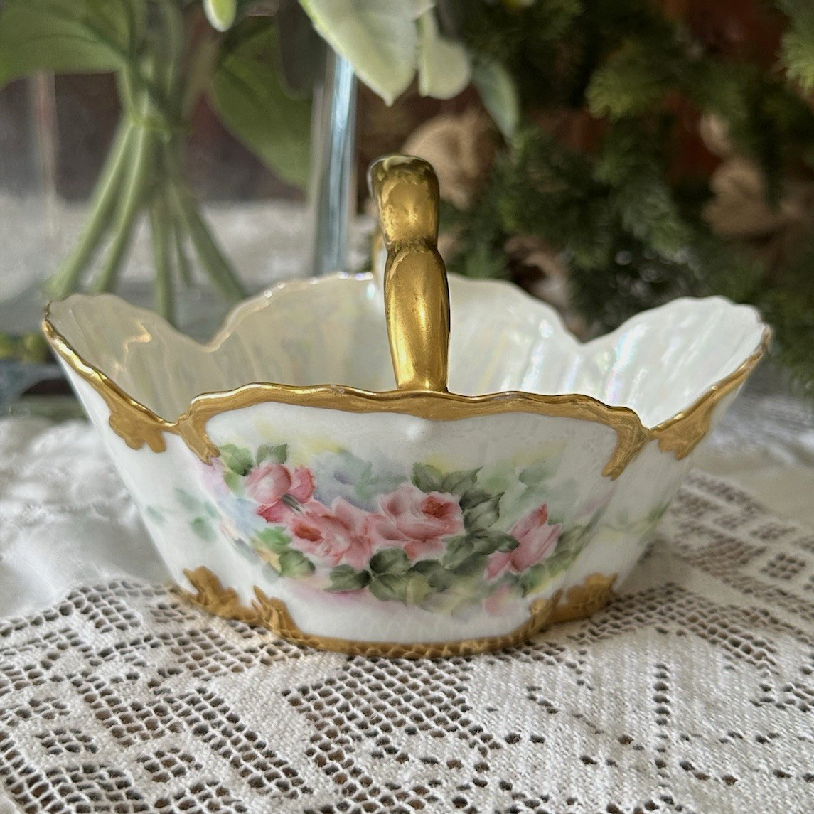 Antique Zeh Scherzer Bavaria Porcelain Basket Pink Roses Gold Monogram M Dish