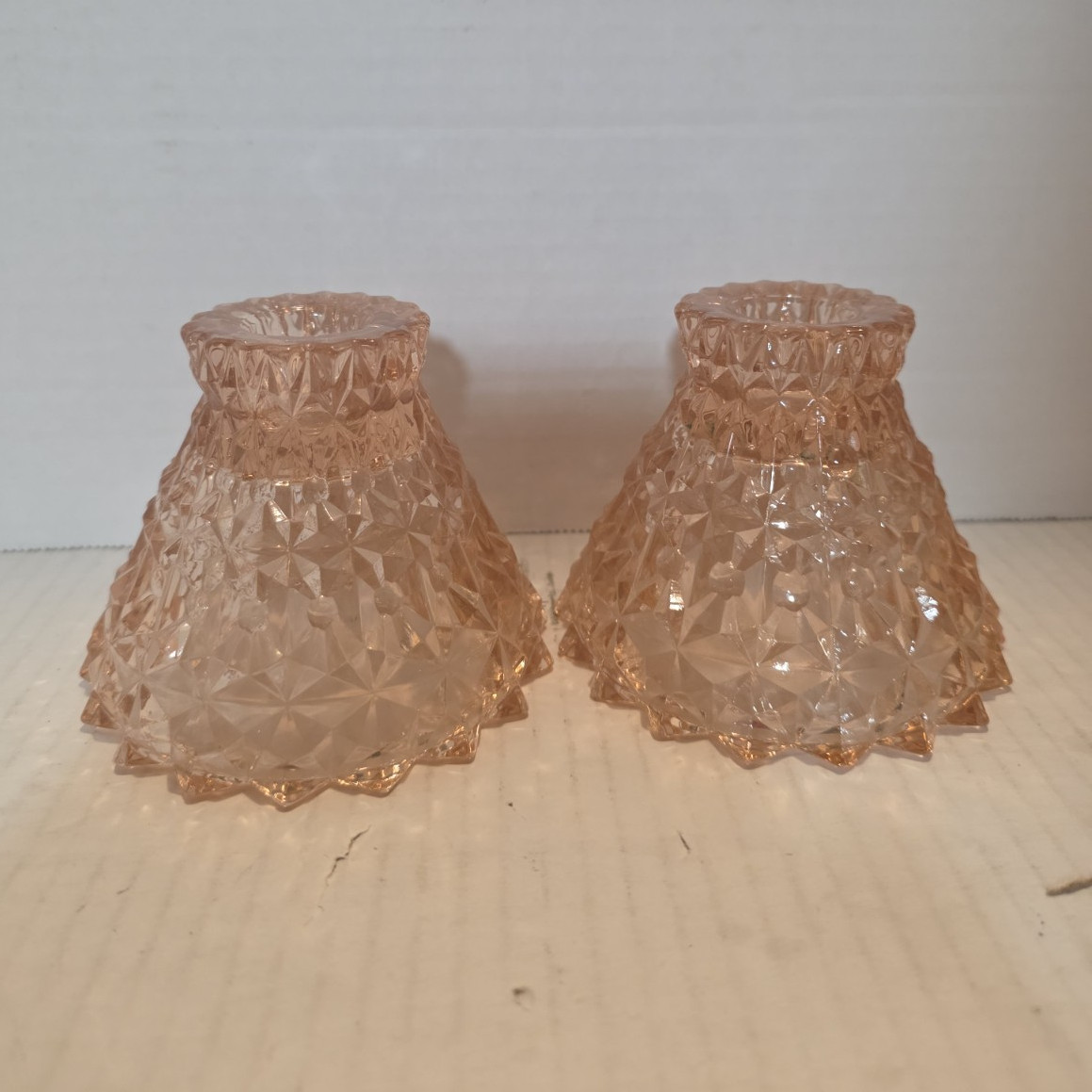 2 VTG Jeannette Glass Co. Holiday Pink Diamond Candlesticks 1930's