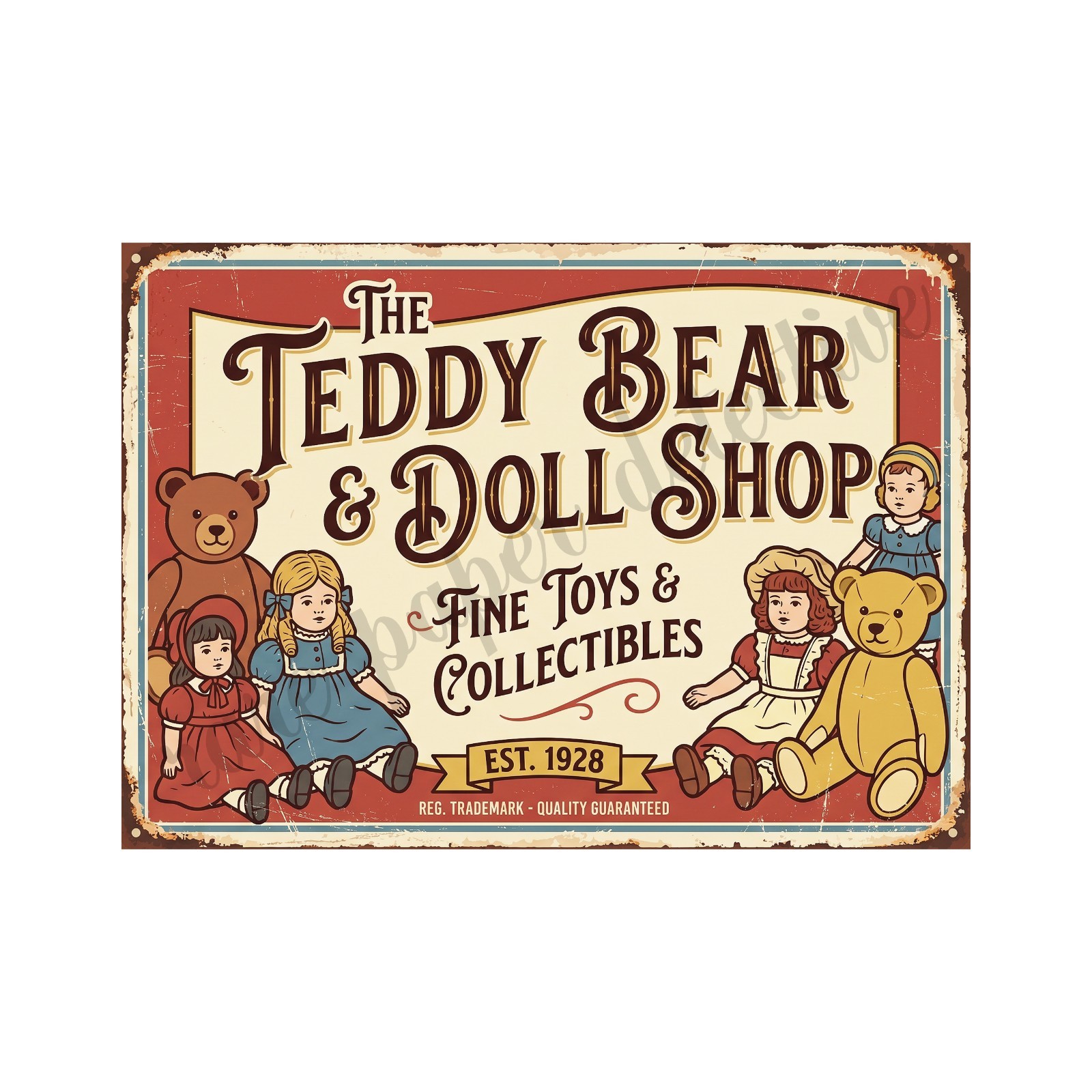 Vintage Advertising Sign Print Teddy Bear Doll Shop Retro 1940s, 5