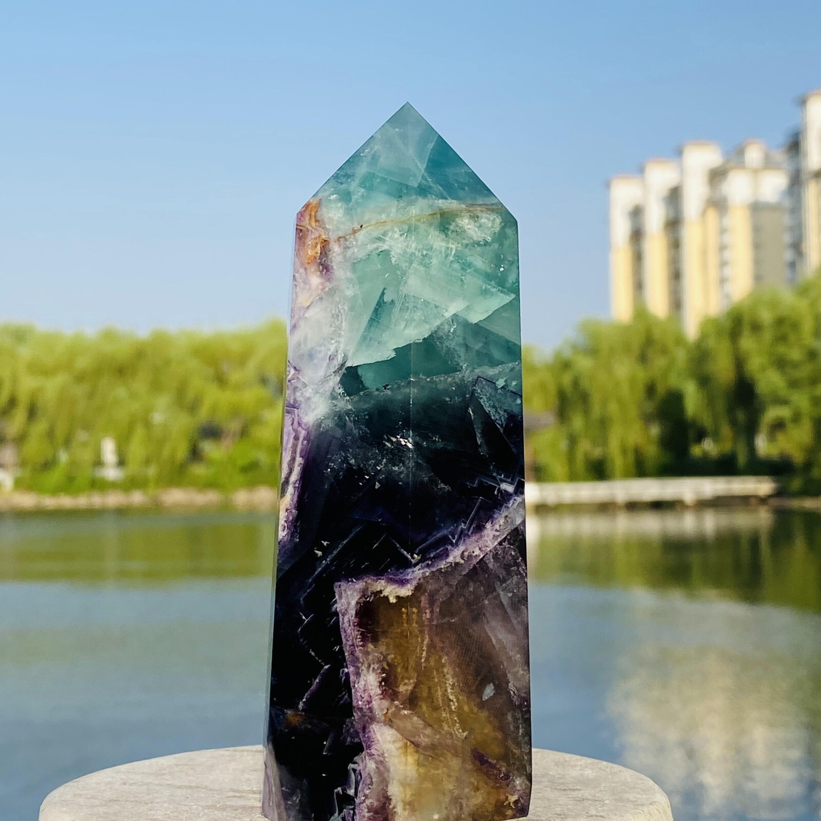 1.37LB Natural fluorite Obelisk quartz crystal healing aura wand tower