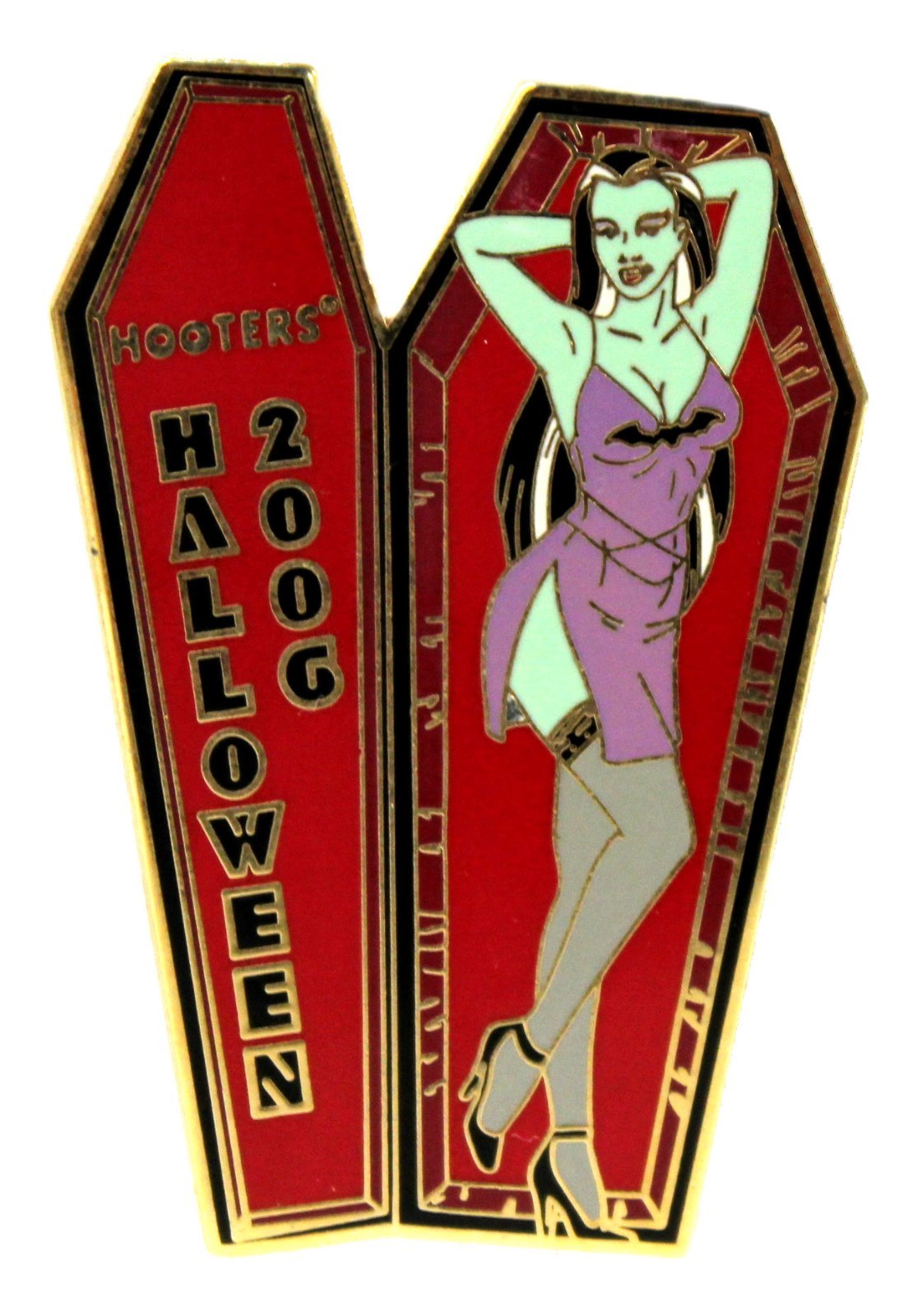 HOOTERS SEXY HALLOWEEN GREEN GIRL IN COFFIN 2006 LAPEL PIN - BATS