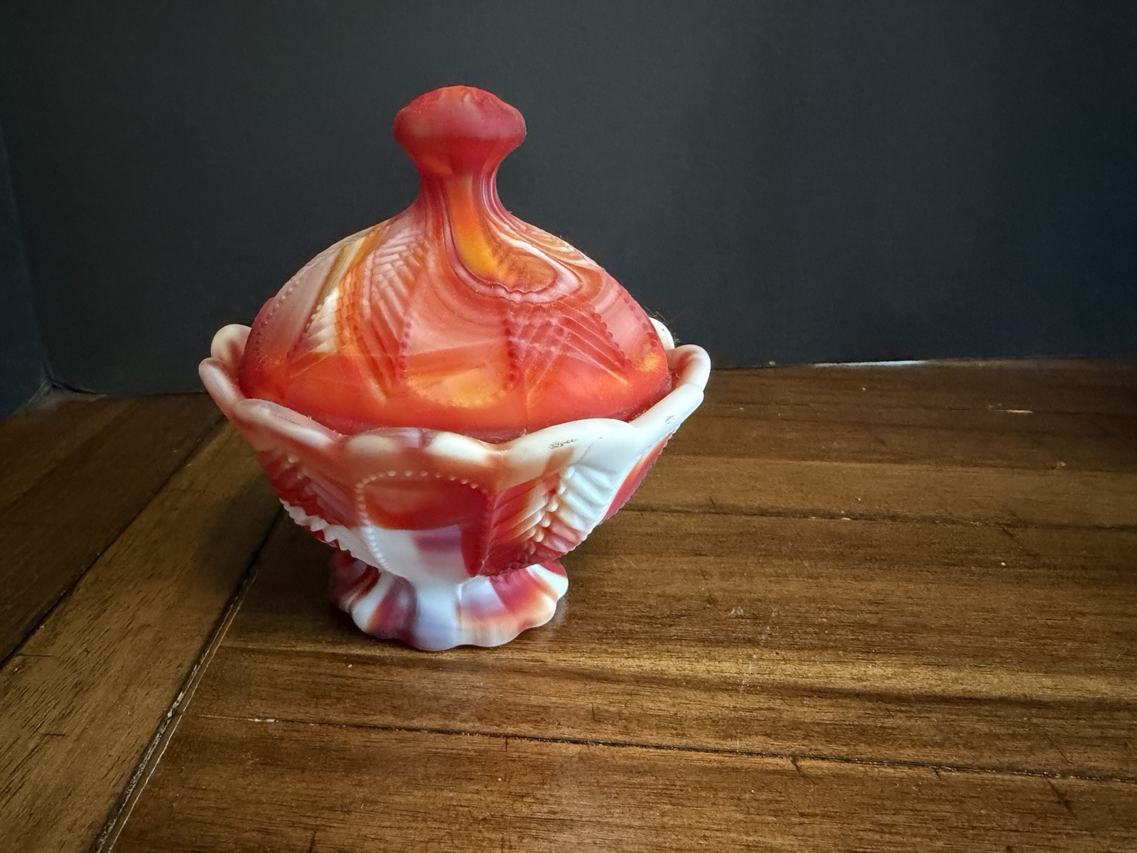 Vintage Imperial Glass Red White Slag Winged Scroll Covered Candy Dish Bowl 5in
