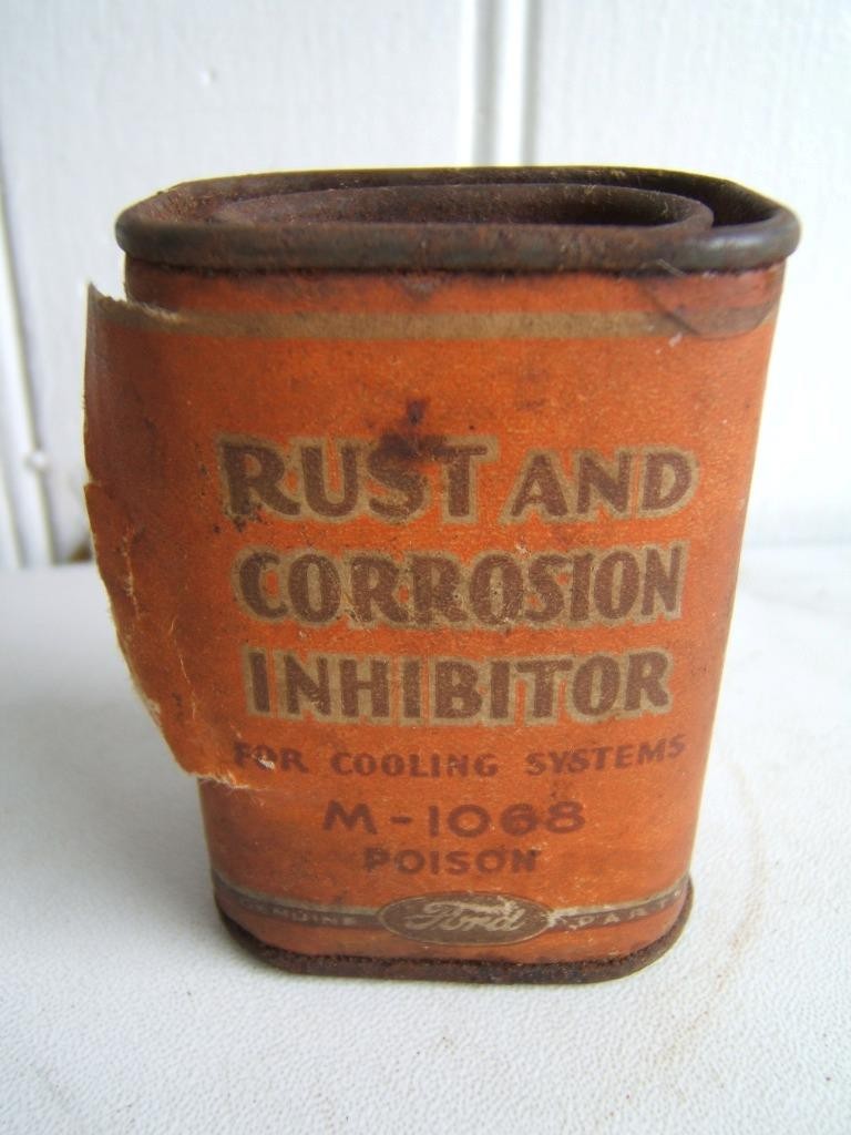 VINTAGE POISON TIN FORD RUST & CORROSION INHIBITOR TIN W/ WEAR