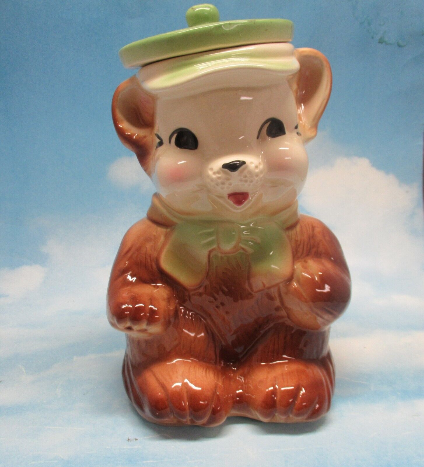 American Bisque TEDDY BEAR COOKIE JAR Cutest green hat  ABCO USA