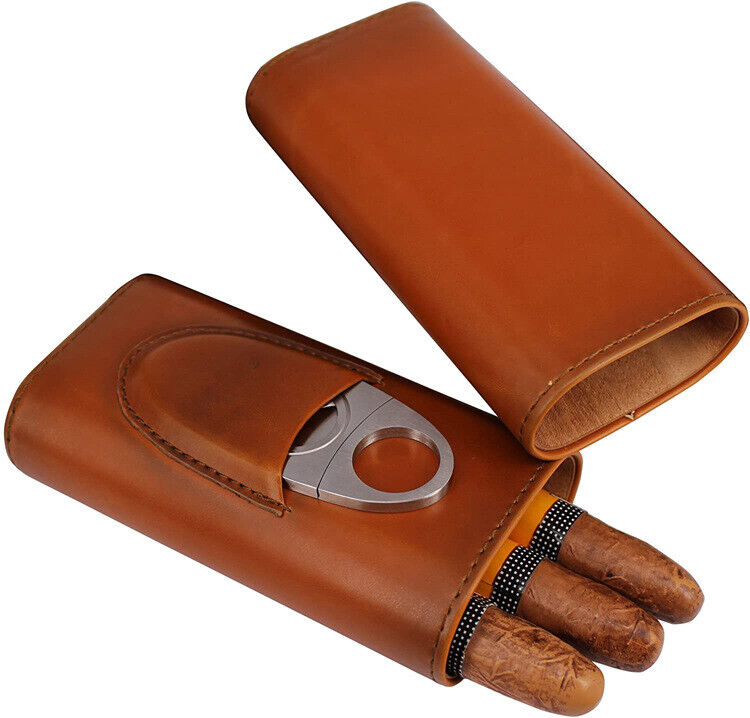 Cigar Case with Cutter Cigar Travel Case 3-Finger Leather Cigar Carrying Case Wo