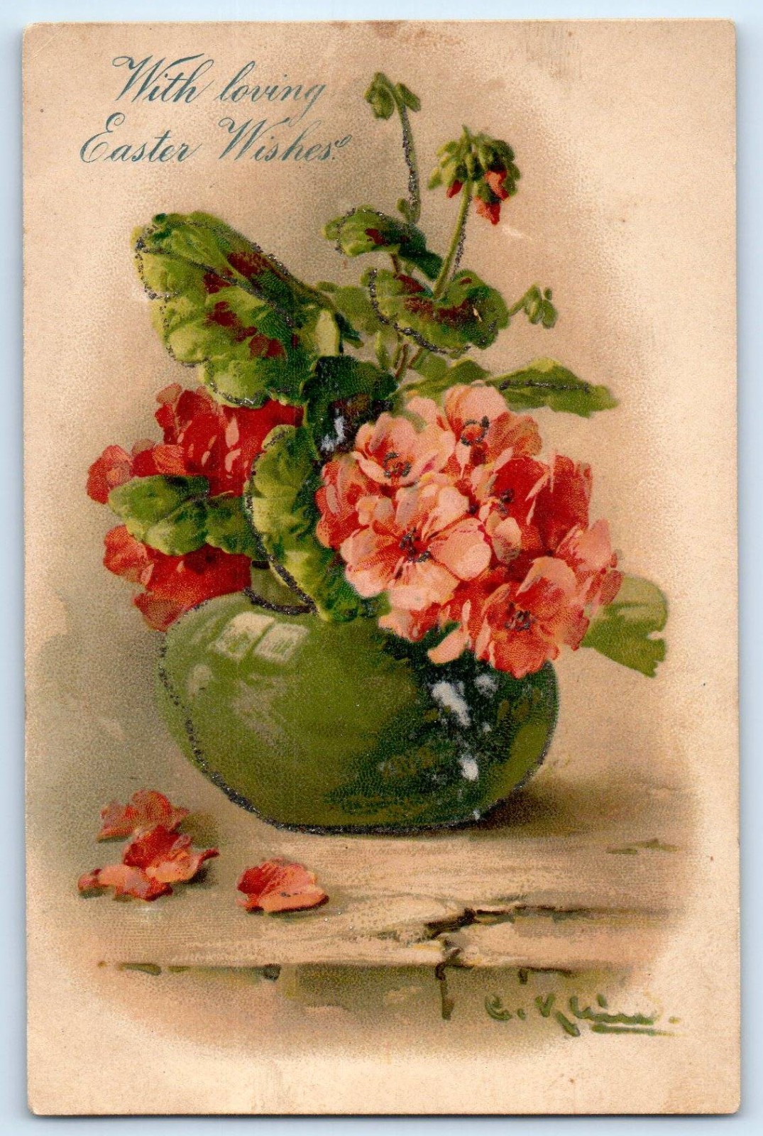 c1905 Easter Flowers In Vase Glitter Klein Signed Artist Antique Postcard c1905 Easter Flowers In Vase Glitter Klein Signed Artist Antique Postcard