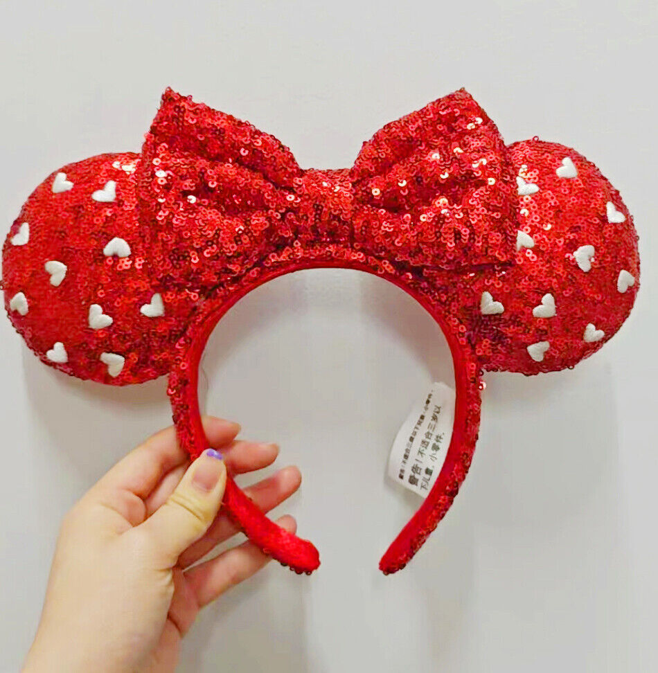 US Disney Parks Valentines Day Heart Red Sequin Bow Ears Minnie Headband NWT
