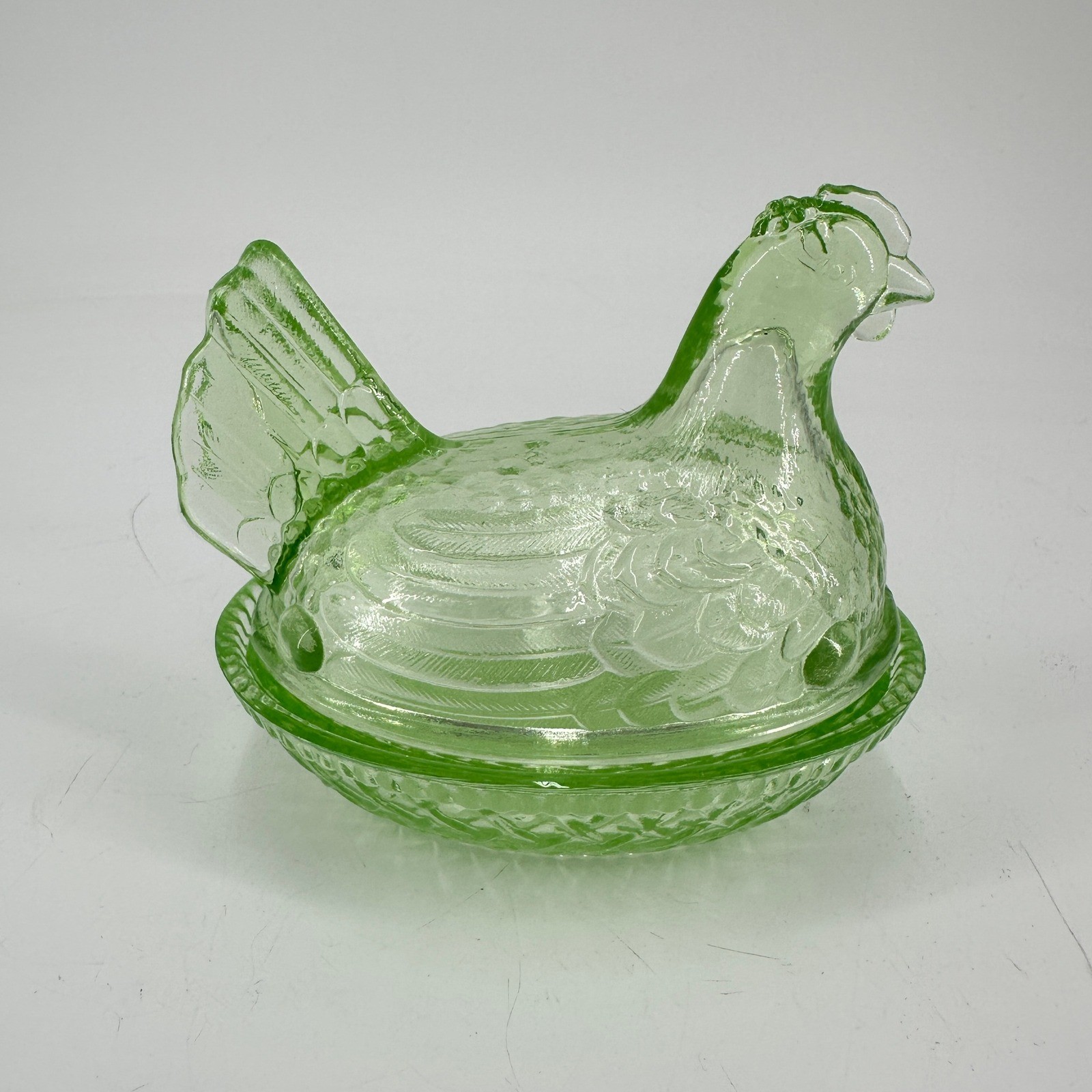 Vintage Green Uranium Glass Hen on Nest Covered Dish UV Glow Basketweave MCM