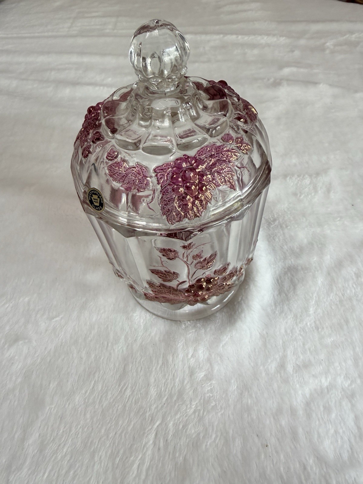 Vintage Westmoreland Glass Pink & Gold Grape Cluster Clear Lidded Candy Dish