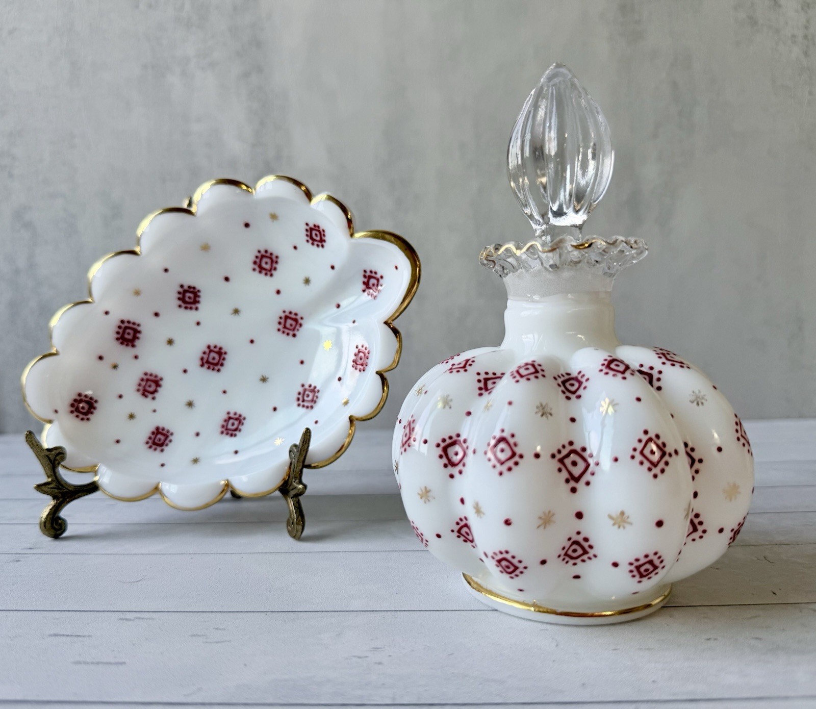 Vintage Fenton Charleton Perfume Set 2 Milk Glass Red Geometric mold 743
