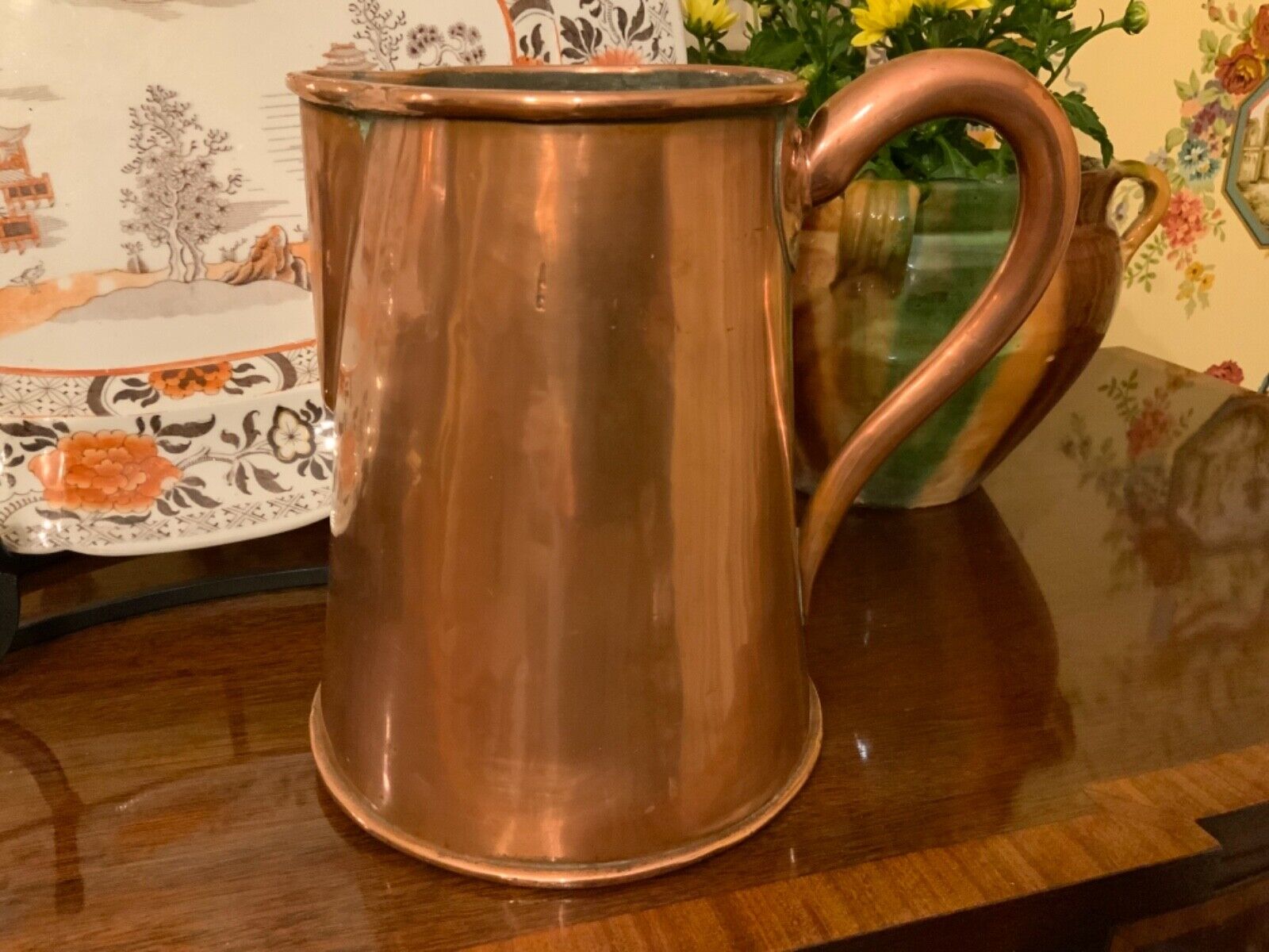 Large English Copper Pitcher Circa 1880 8.25” high Marked on Front Crown & “A”