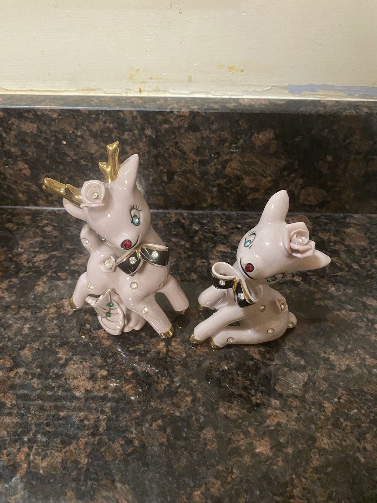 Vintage Wales Ceramic Pink Reindeer Rhinestones Made in Japan Kitsch Set of 2