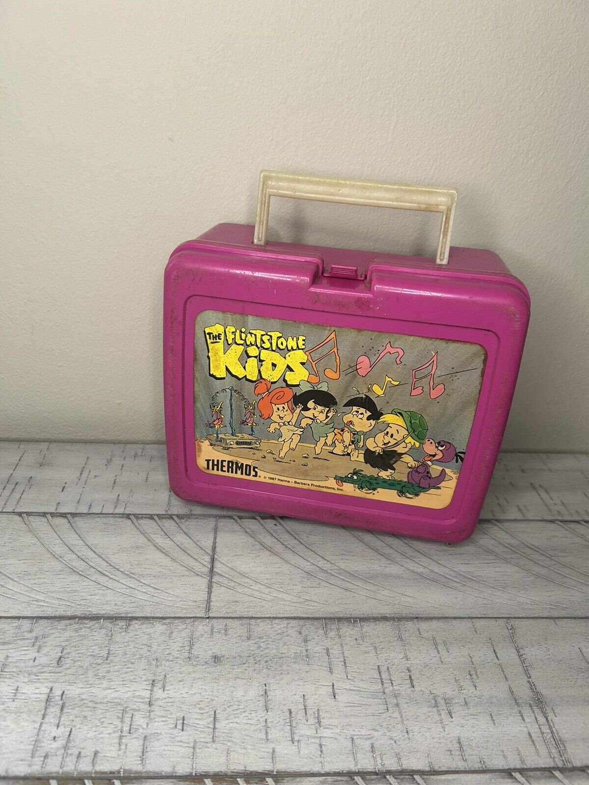 Vintage 1987 The Flintstone Kids plastic Lunchbox & matching Thermos Pink