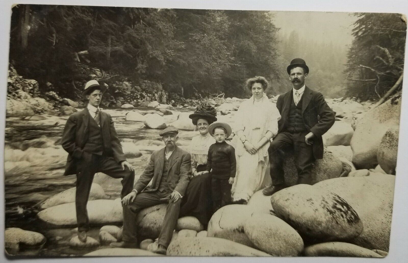 RPPC c 1925-1940 Family River Outing Card Photo bowler suit  E1B SP
