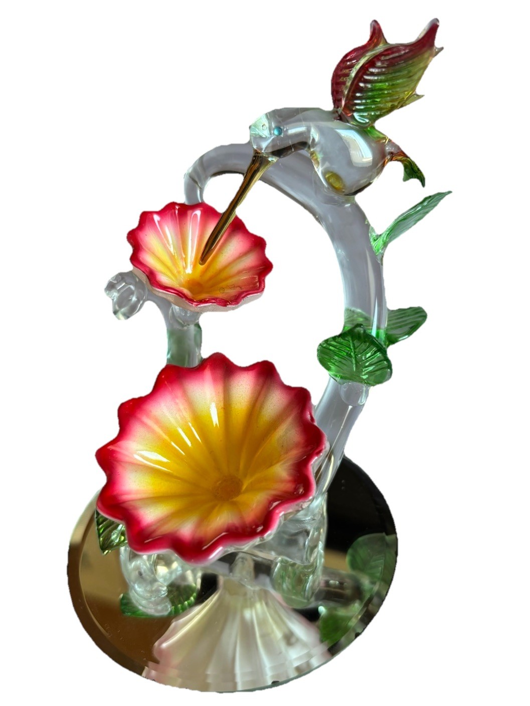 Blown Art Glass Hummingbird Eating Nectar Red Yellow Floral Mirror Display Stand
