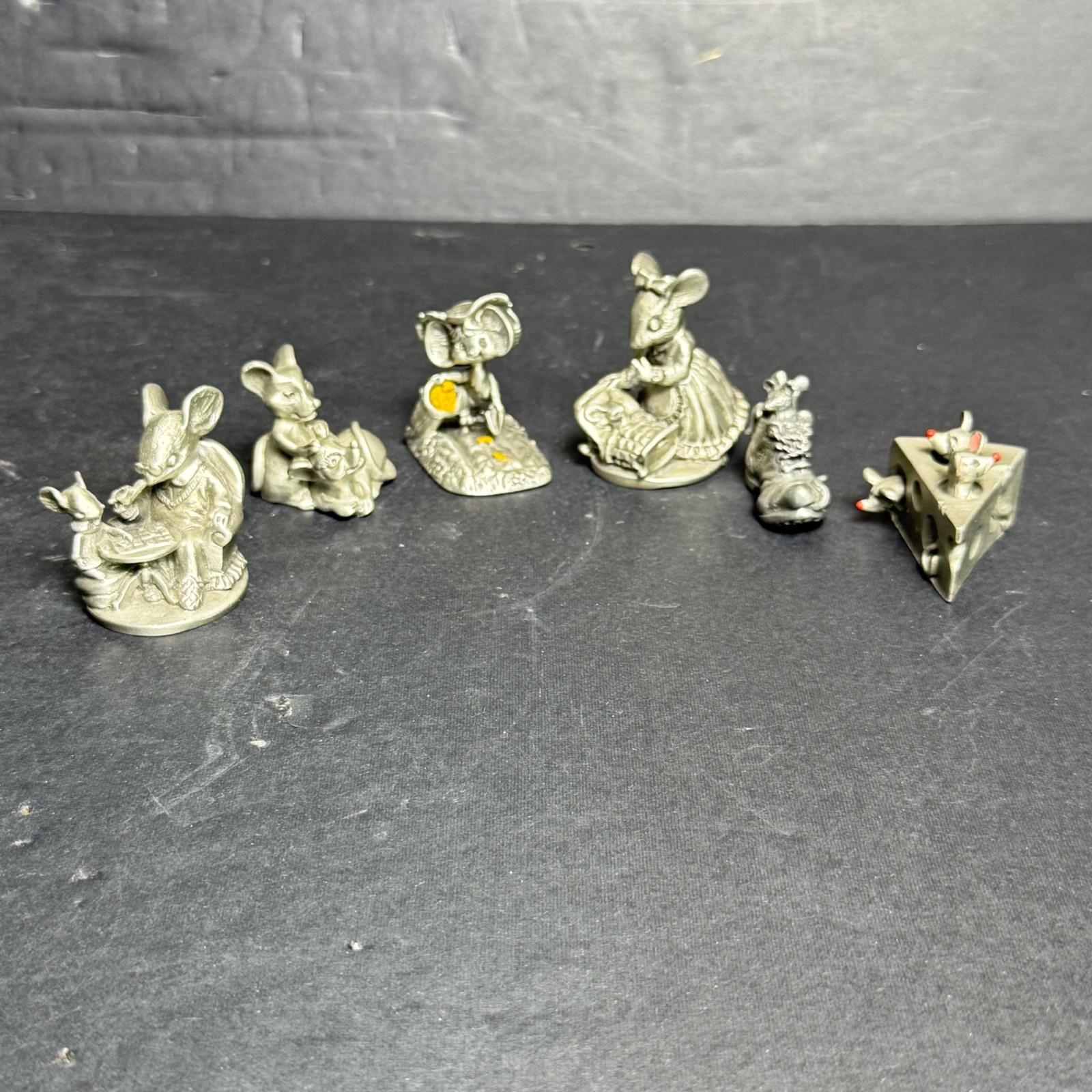 Vintage Pewter Mouse Figurine Miniature Set 6pc Mice Cheese Boot Chess Whimsical