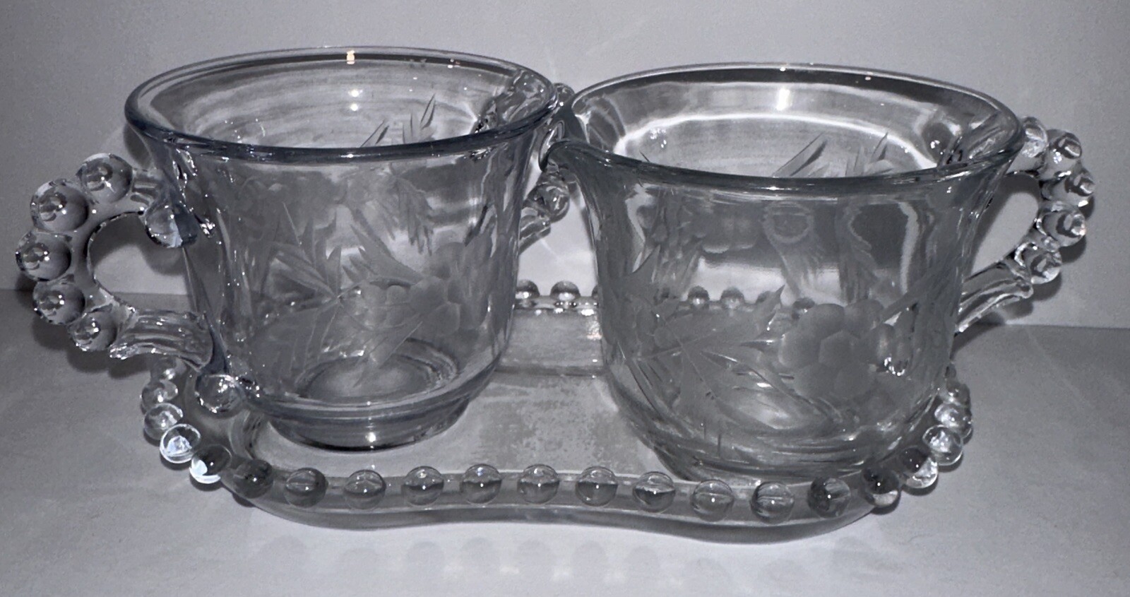 VTG Candlewick Imperial Glass Small Cream Sugar Serving Tray Etching Floral