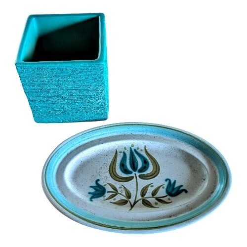 Mid Century 60s Lot Kitchen Franciscan Aqua Planter Floral Oval Trinket Dish Set