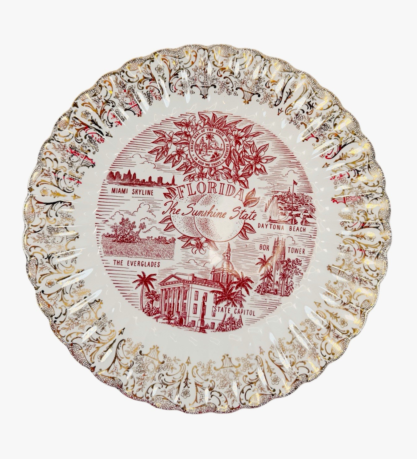 Vintage Florida Sunshine State Souvenir Collector Plate Red Transfer Gold Rim Vintage Florida Sunshine State Souvenir Collector Plate Red Transfer Gold Rim