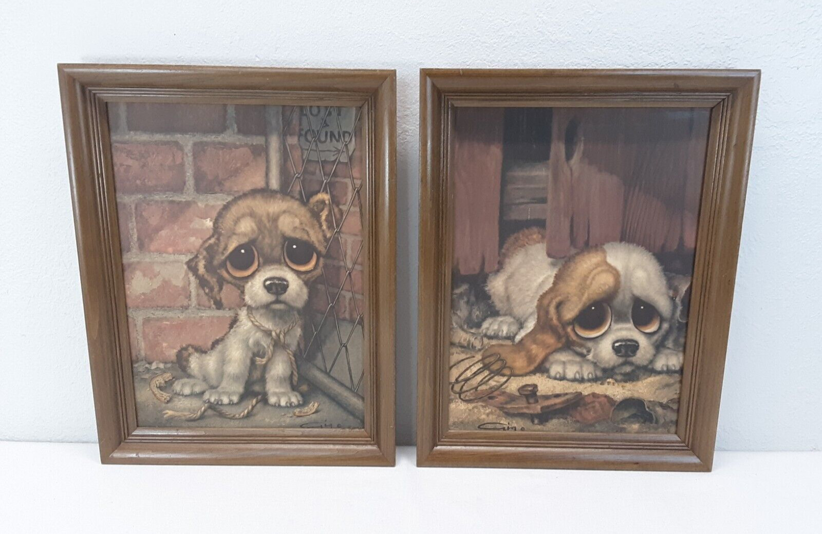 Mid Century Gia Wende Big Sad Eyes Puppy Dog Framed Wall Art MCM Print Set VGC