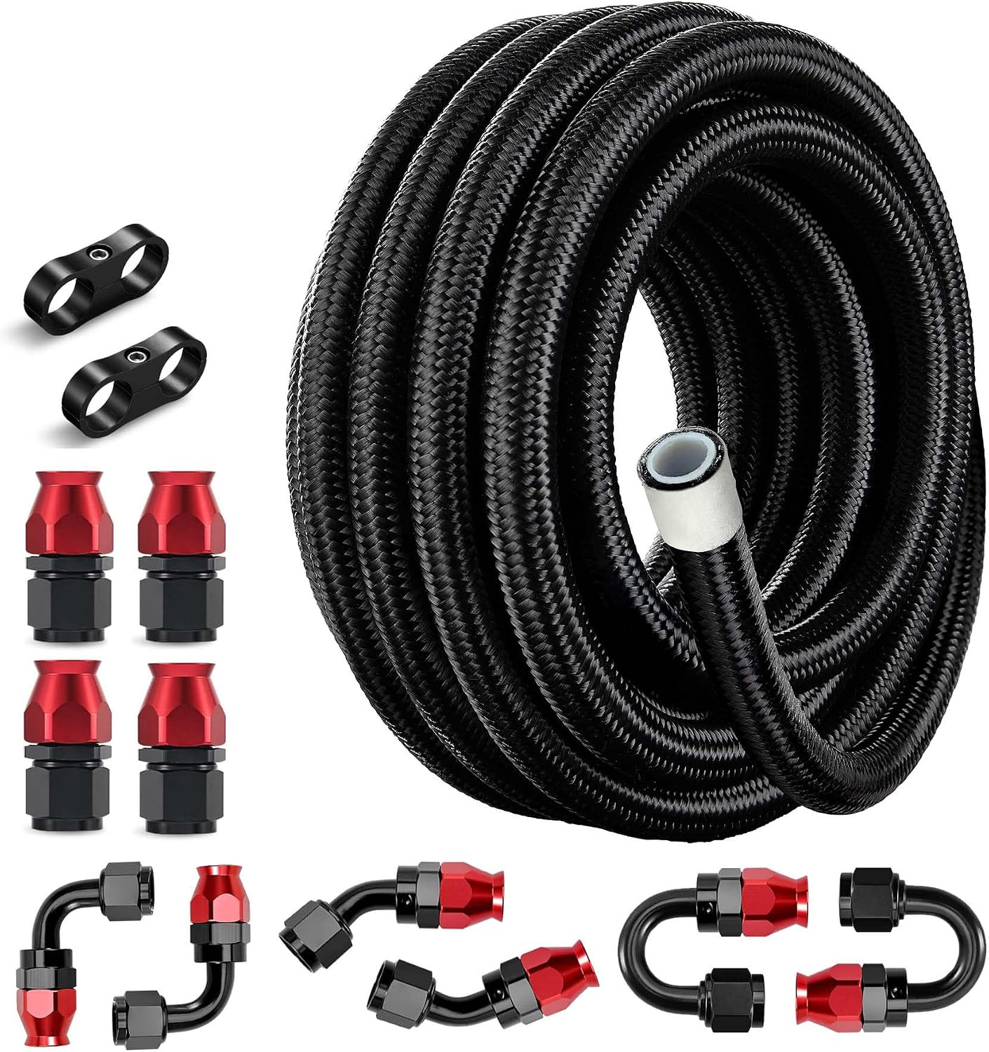 6AN PTFE Fuel Line Kit AN6 E85 Nylon Hose 20FT Black & Red
