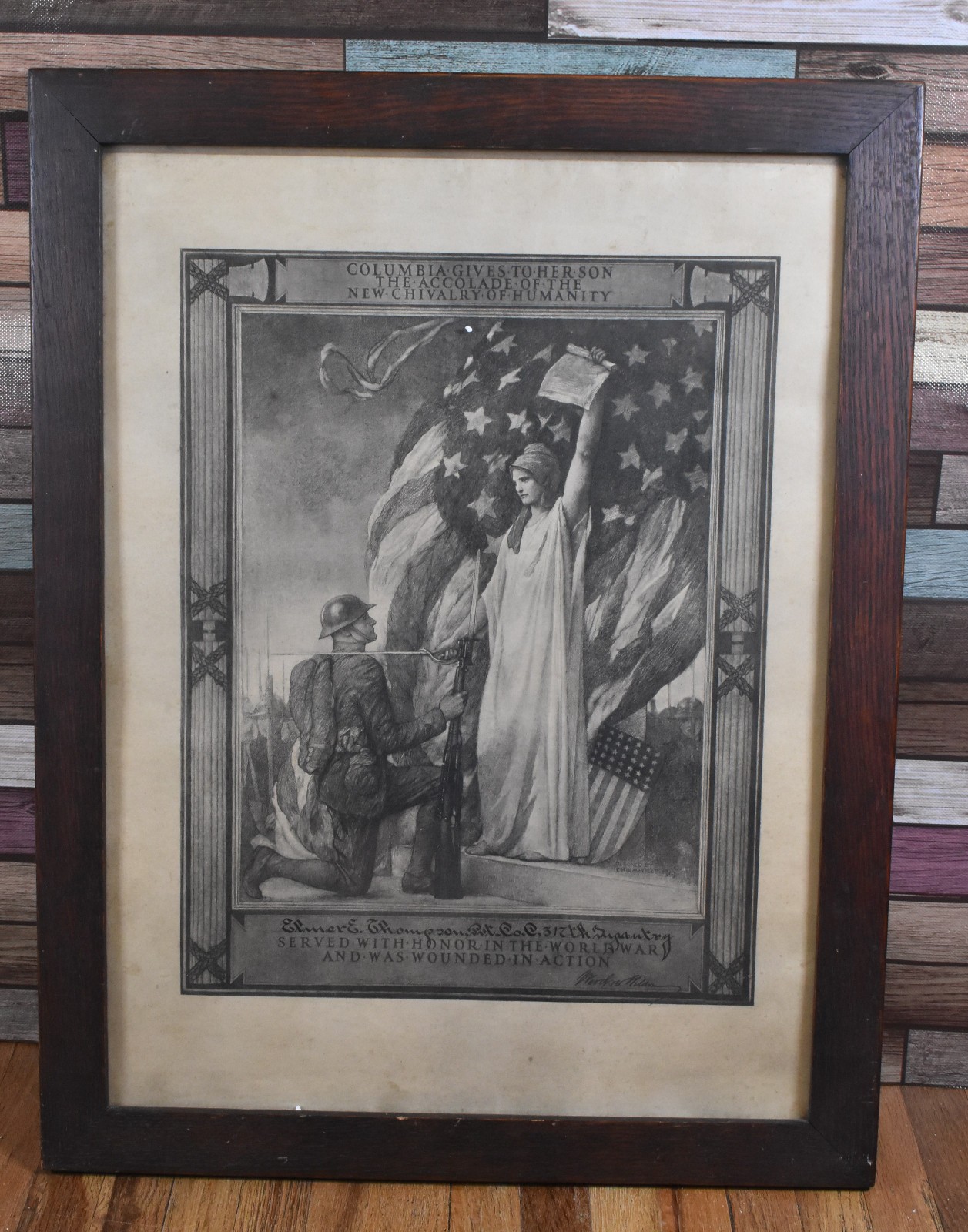 Vintage Framed WWI Columbia Accolade Wounded in Action Military Certificate