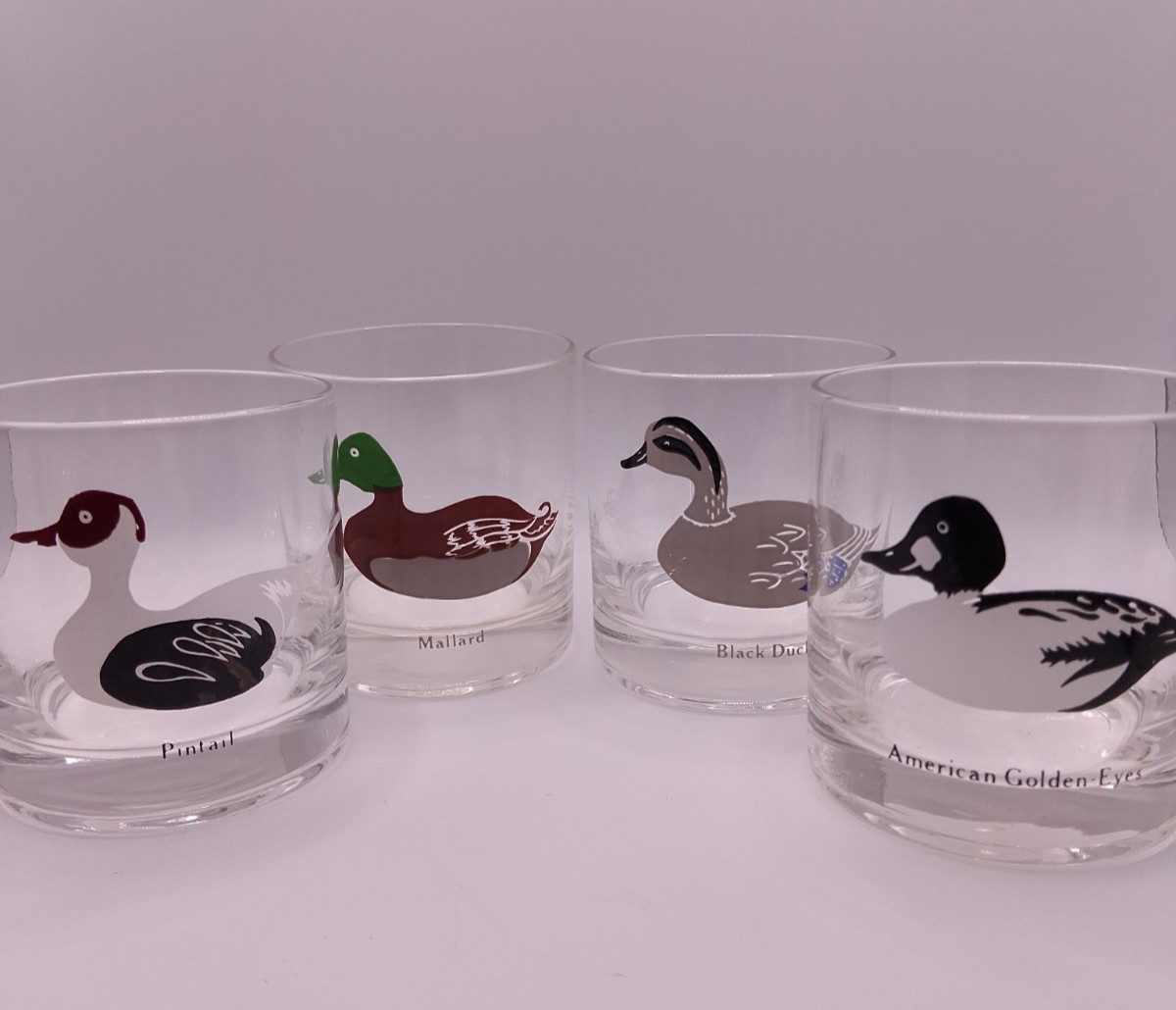 Vintage Federal Glass Duck Decoy (4) Lowball Whiskey Drinking Glasses Barware 