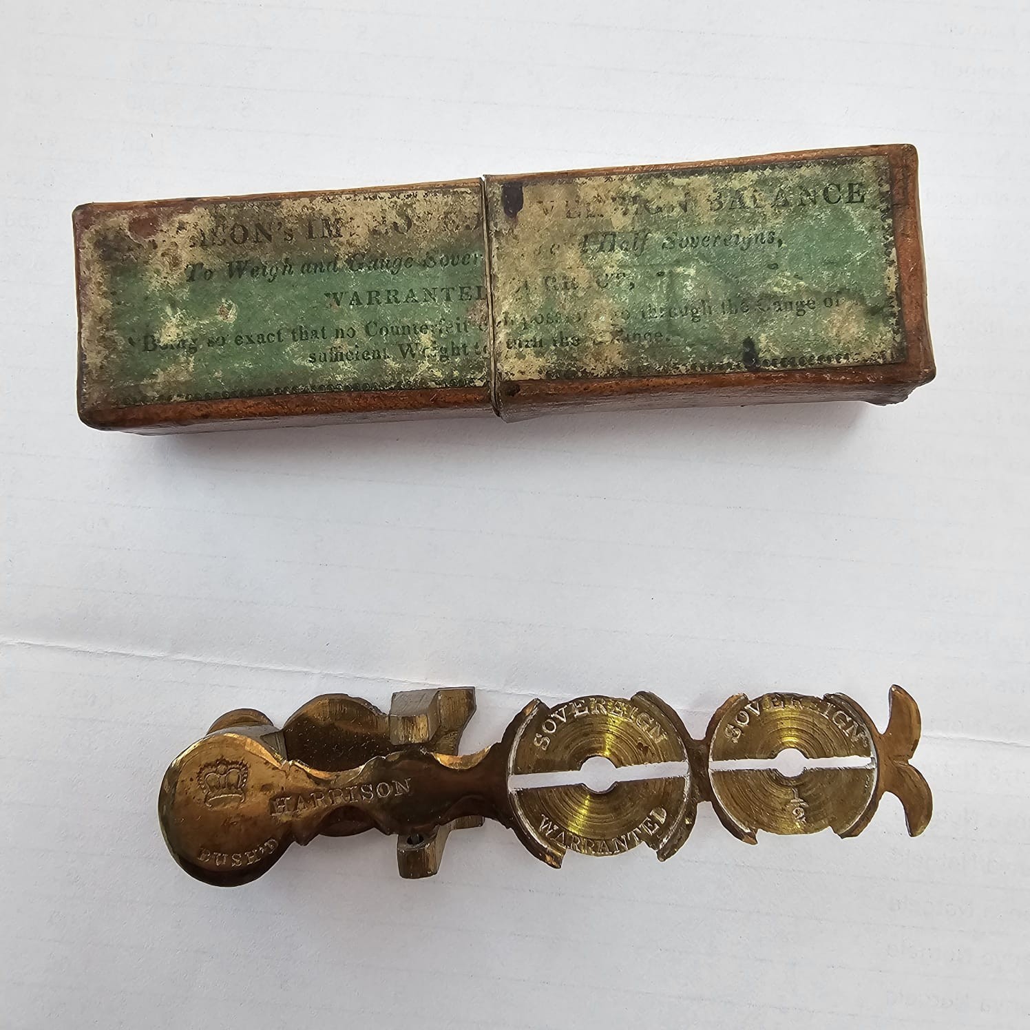 Antique Harrison brass sovereign scales in original box