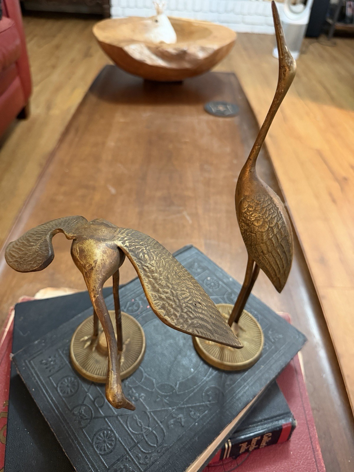 Vintage Pair Brass Crane Heron Egret Bird Figurines Statues MCM Coastal Decor
