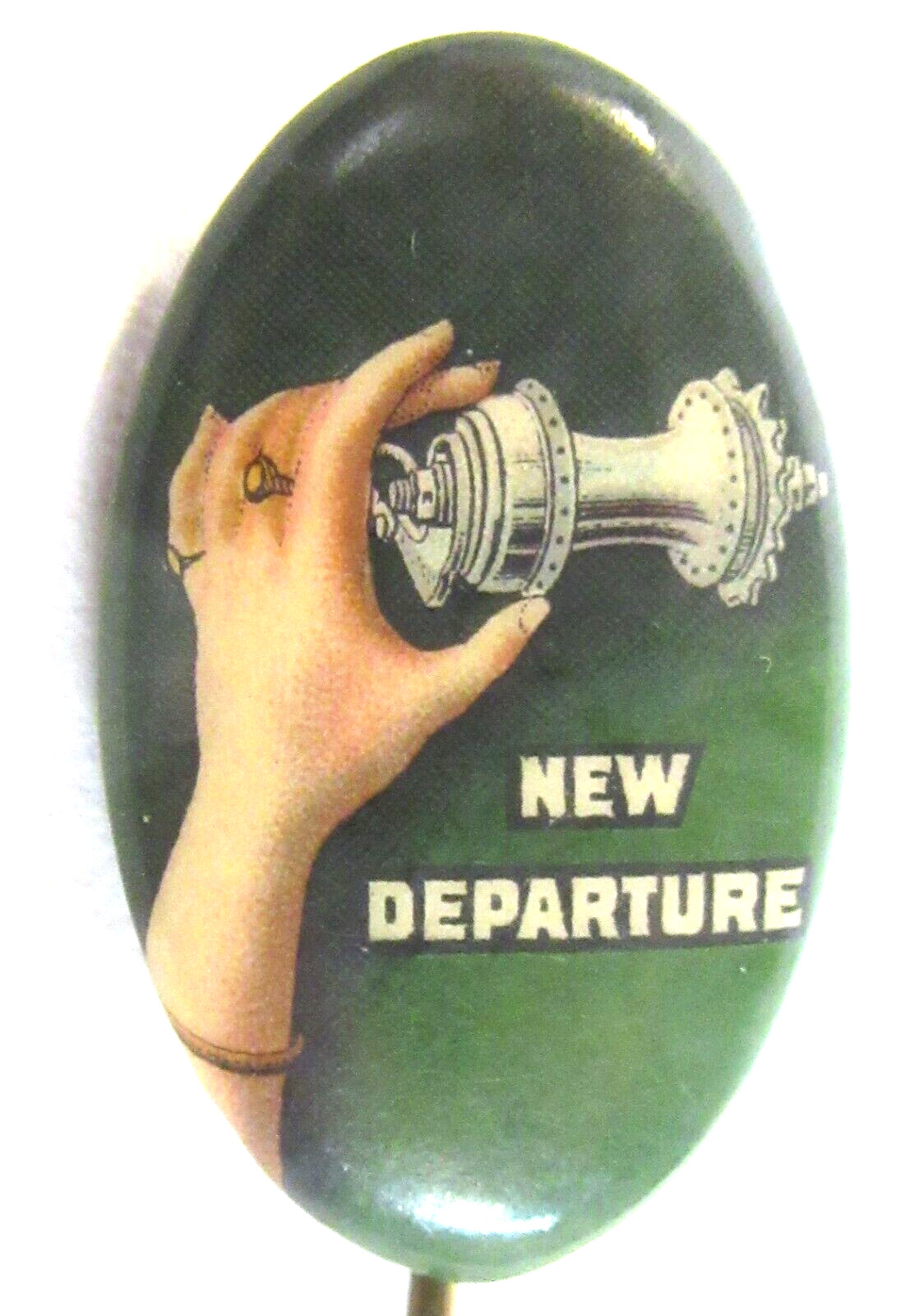 c. 1900 NEW DEPARTURE Coaster Brake green bicycle stickpin stick pin pinback ^