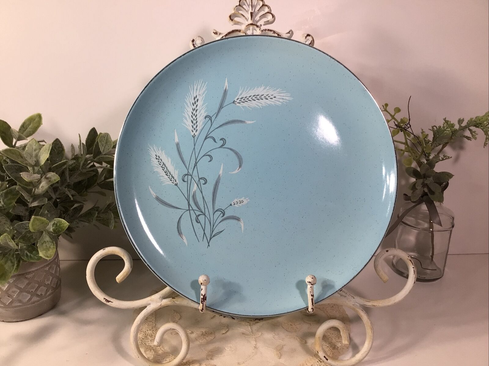 Vintage Taylor Smith Taylor ~Turquoise 10” Dinner Plate~White Wheat/Silver~MCM