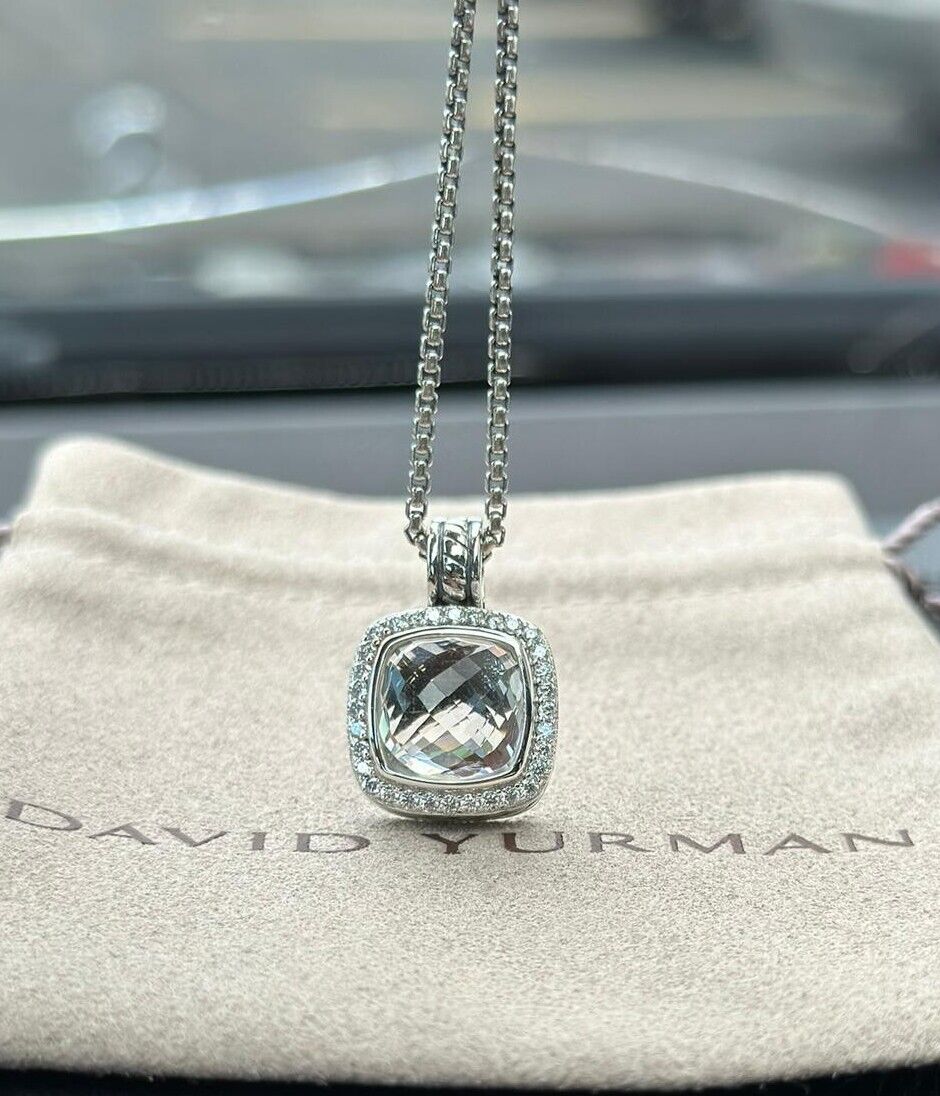 David Yurman 925 Silver 11mm Albion Pendant & White Topaz & Diamond 18 Necklace
