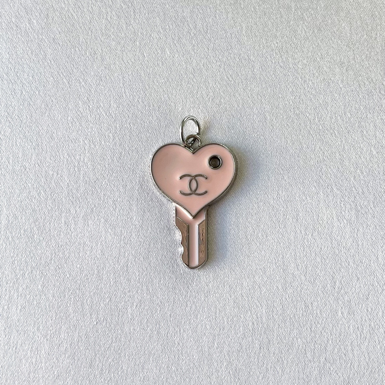 Chanel Zipper Pull Pendant Charm, Heart Key, Pink, Silver, 26x27mm, Stamped