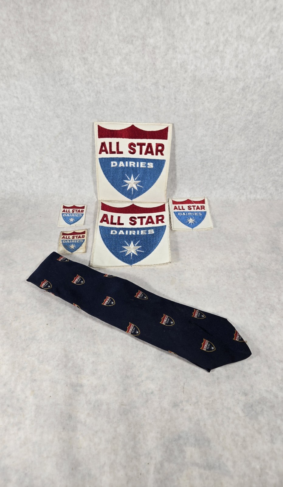 RARE Vintage ALL STAR DAIRIES Dairy Advertising LOT 5 Employee  Patch & Neck Tie