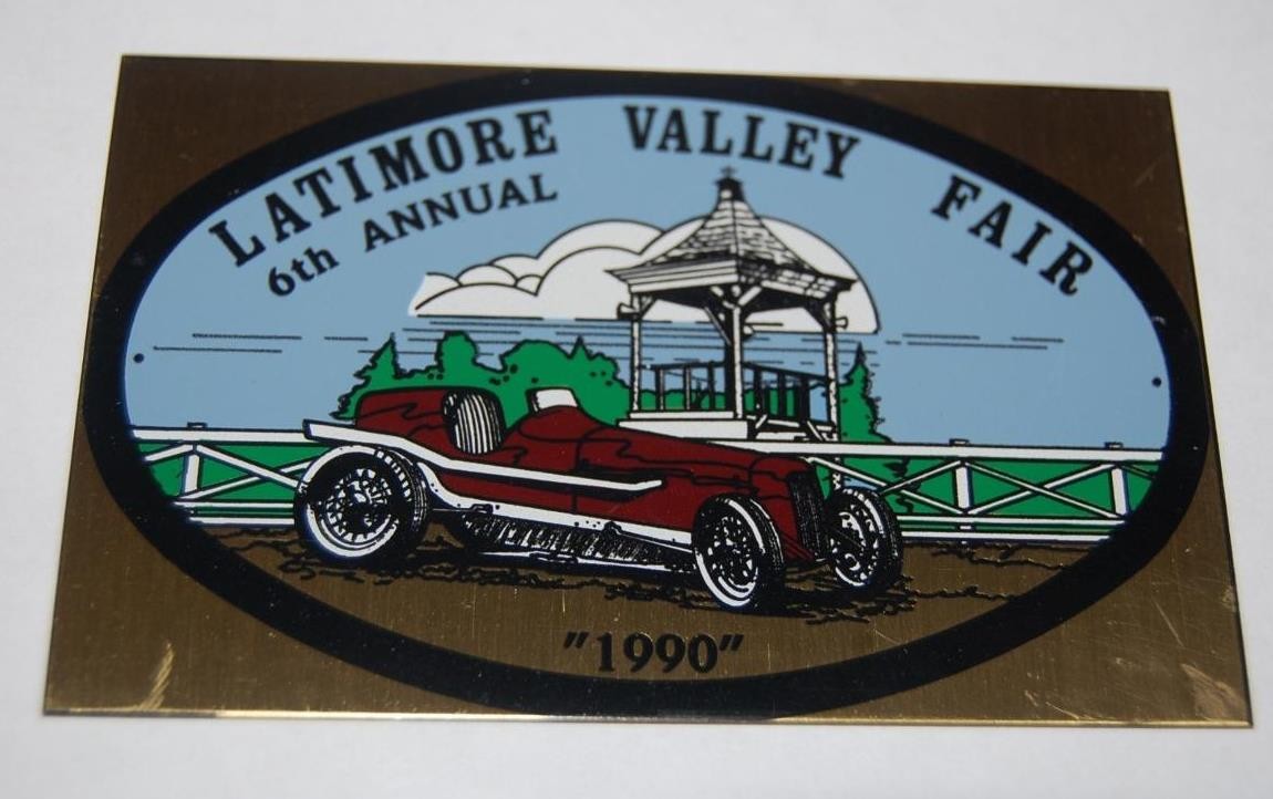 1990  LATIMORE VALLEY  PA. FAIR ANTIQUE CAR SHOW  CAR DASH PLAQUE SIGN
