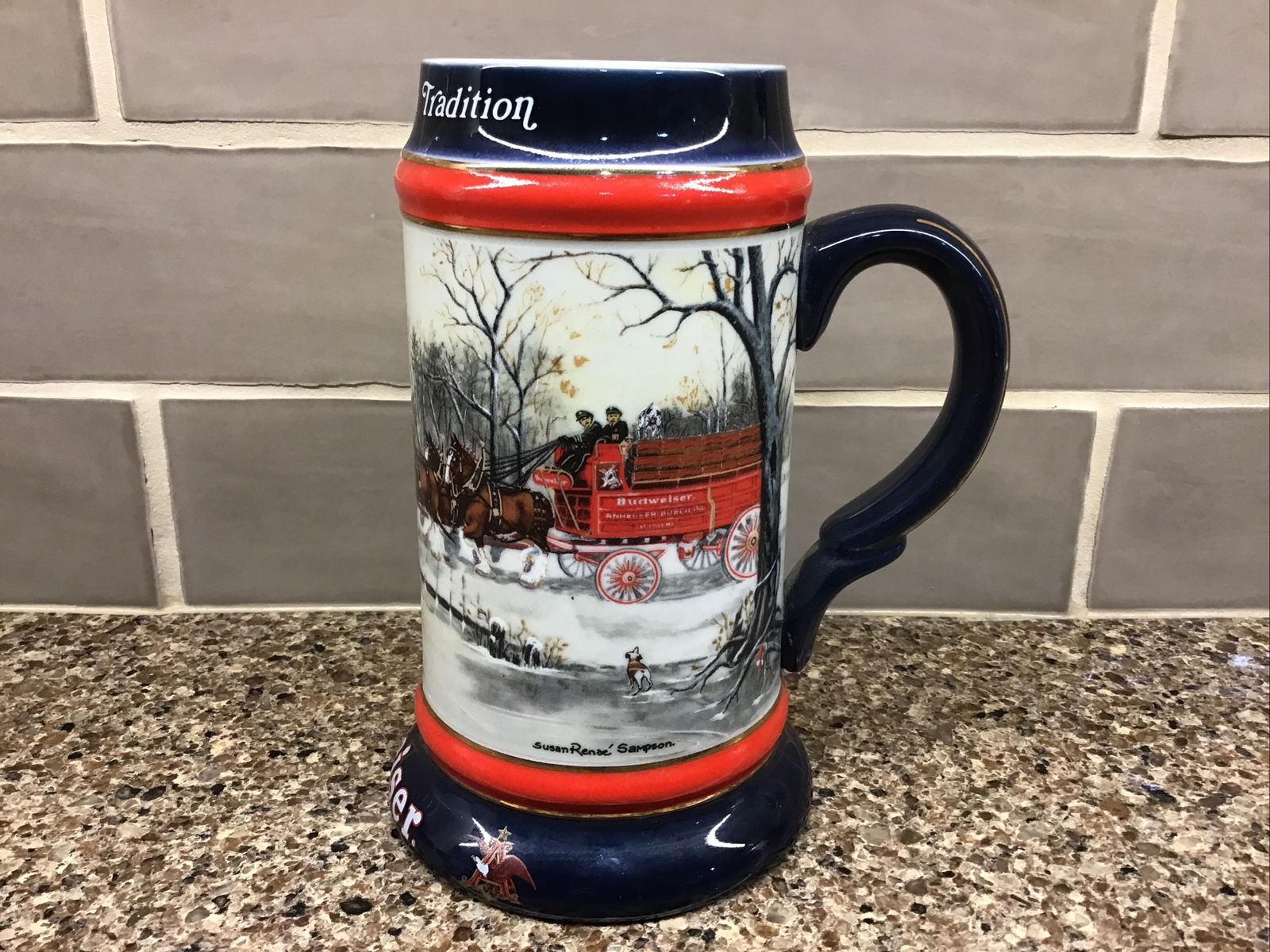Budweiser Beer Mug Holiday Stein 1990 An American Tradition Christmas Clydesdale