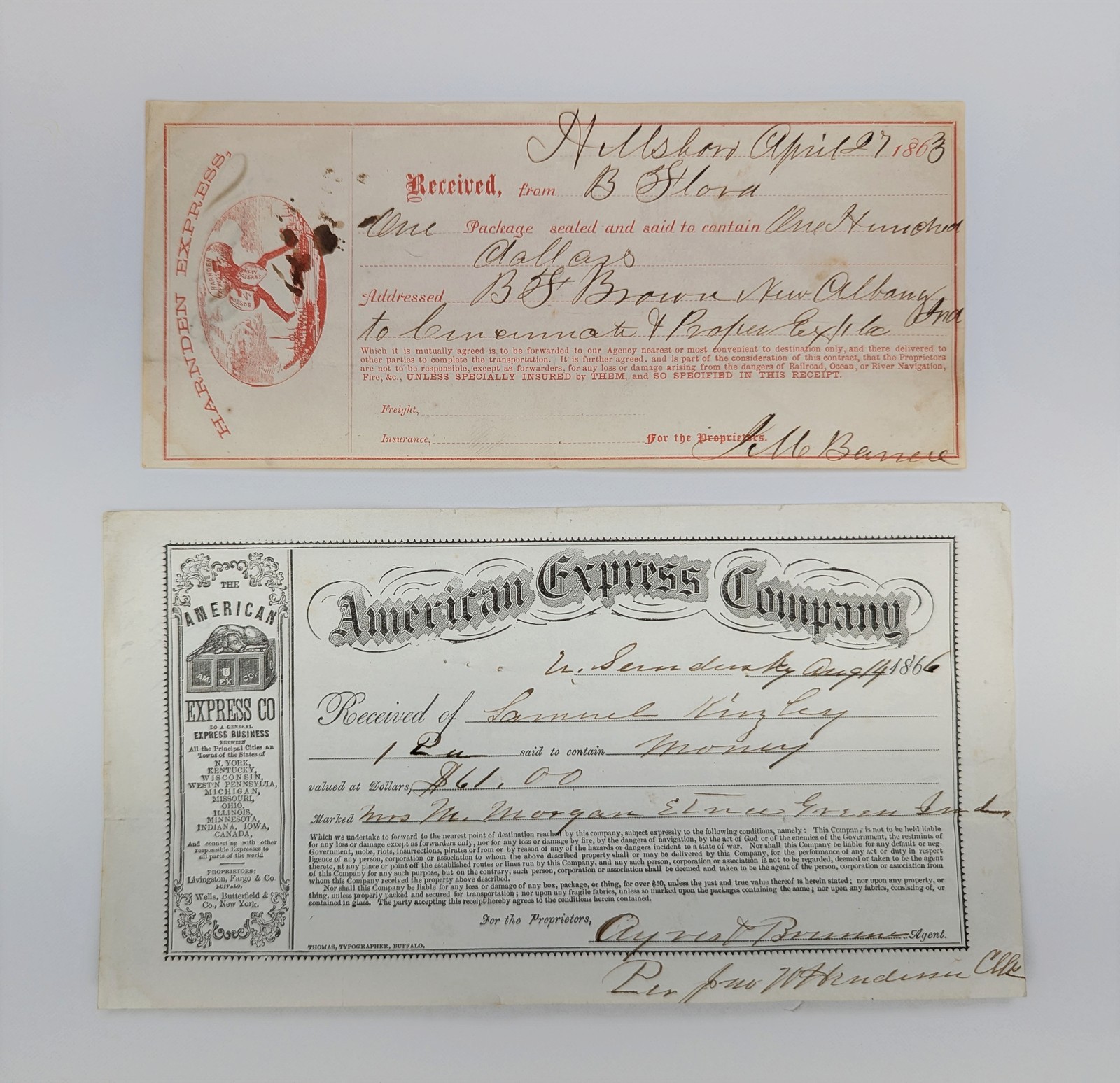 Antique 1863 1866 Harnden American Express Money Shipping Receipt Documents Pair
