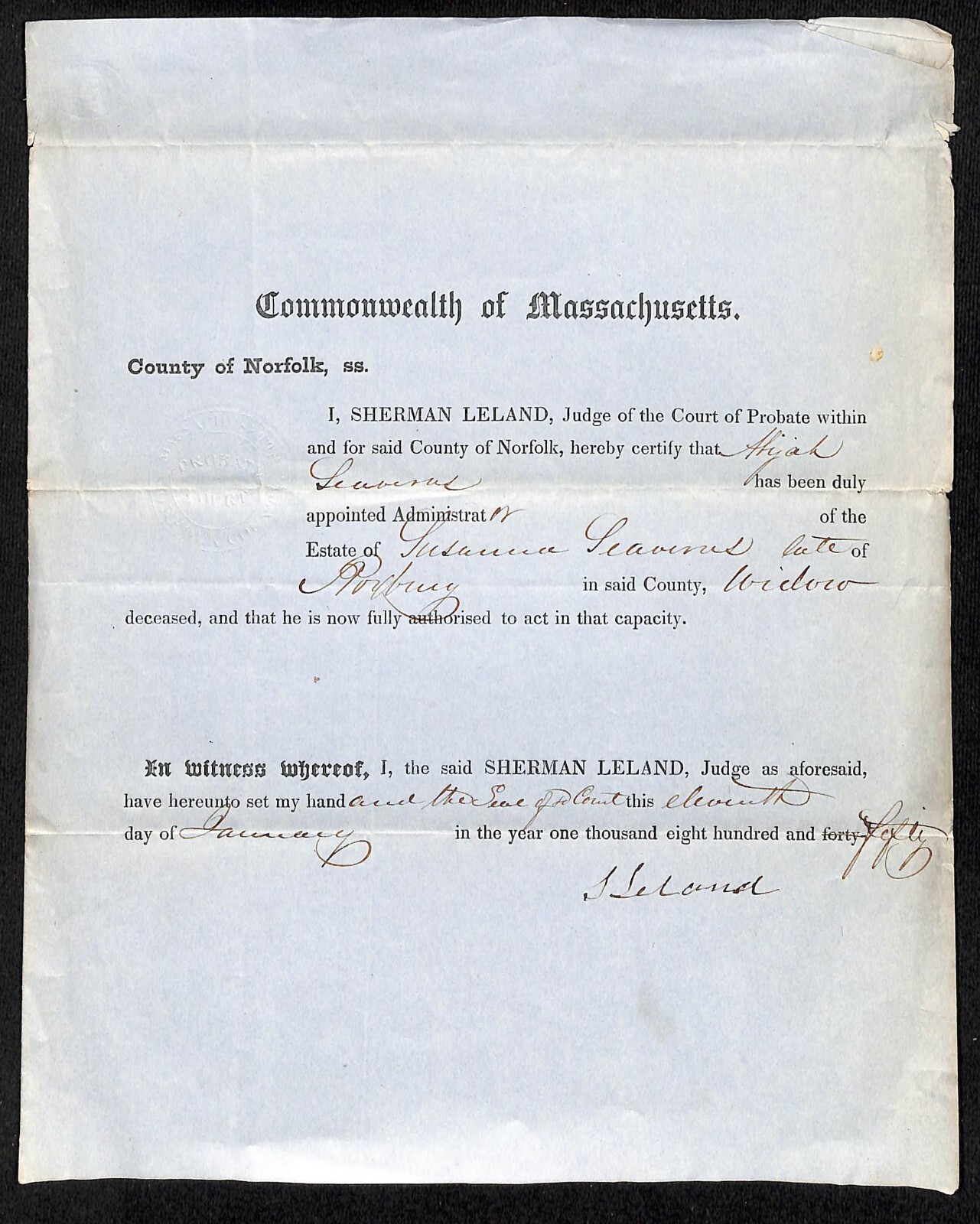 1850 Massachusetts Legal Document Herman Leland Probate Judge Appointment