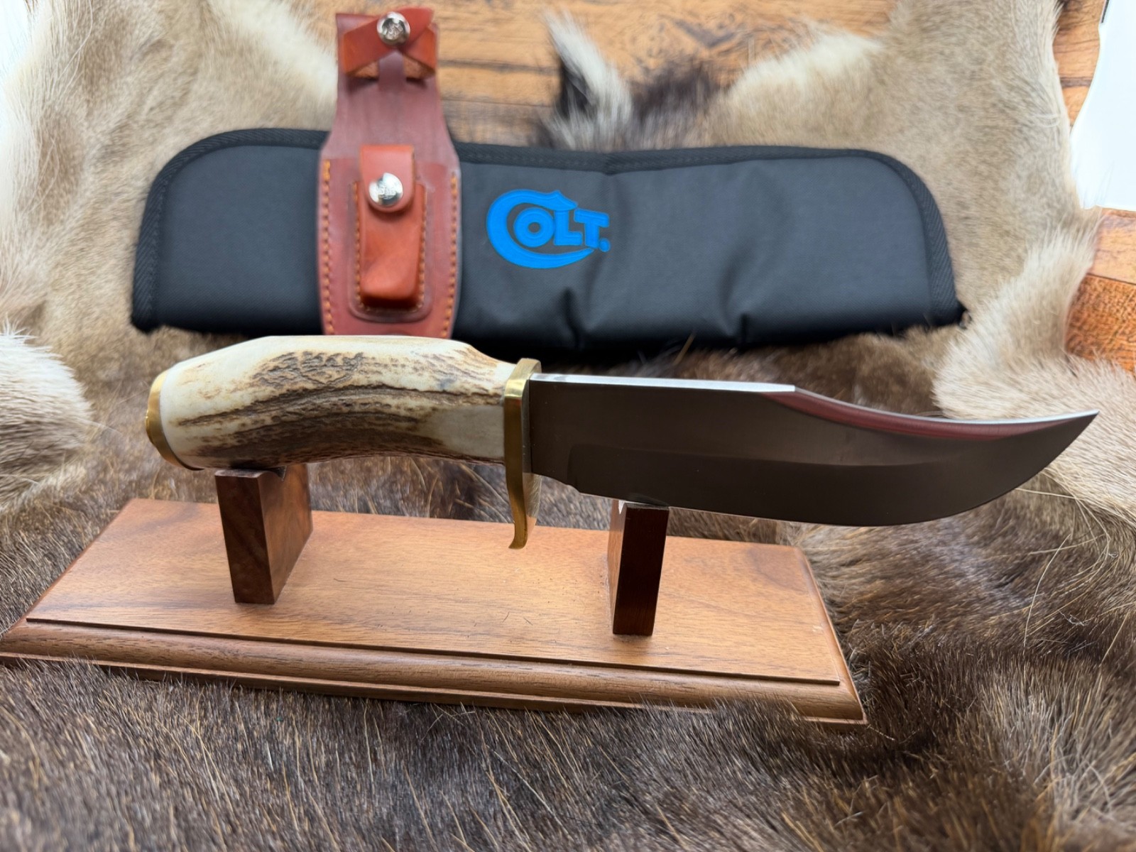 Sam Colt .45 Bowie Knife Vintage Stag Handle With  Leather Sheath Mint In Box