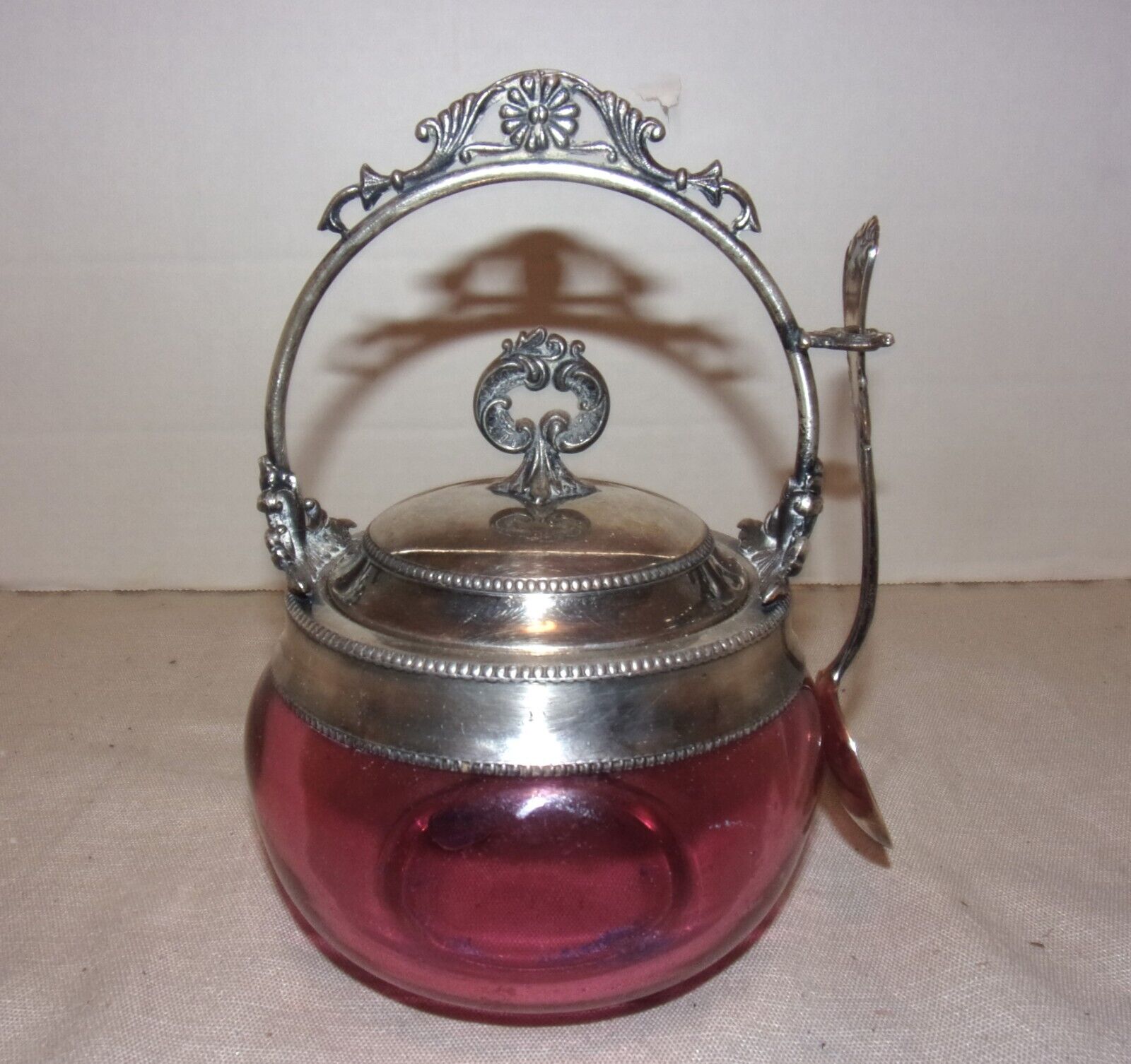 Antique Cranberry Glass Covered Relish Bowl w/EPS Fitted Framing & Spoon Hanger