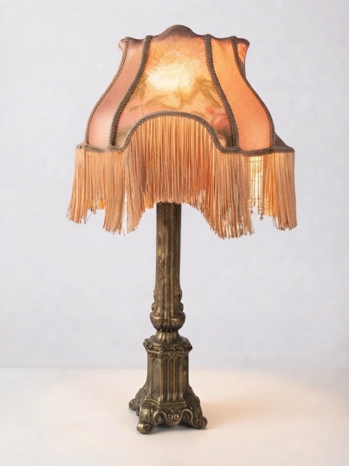 Vintage Ornate Neoclassical Column Table Lamp Floral Fringed Shade