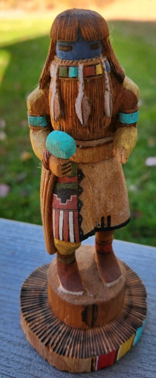 Vtg Signed L Valentine Long Hair Katsina Kachina 7” Carving Mitropoulos Estate