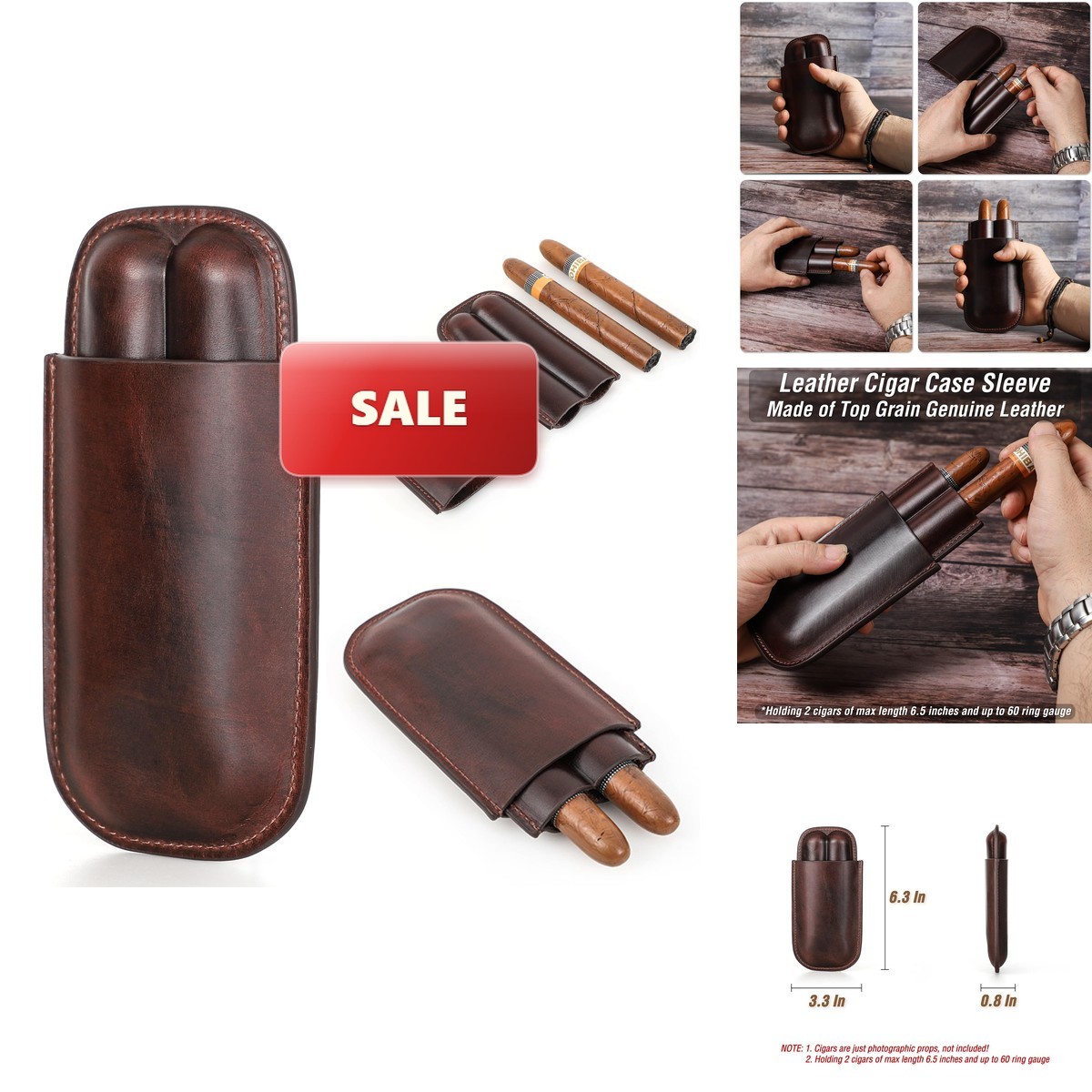 CataPurus Genuine Leather Cigar Case Sleeve - Vintage Coffee for 2 Fingers
