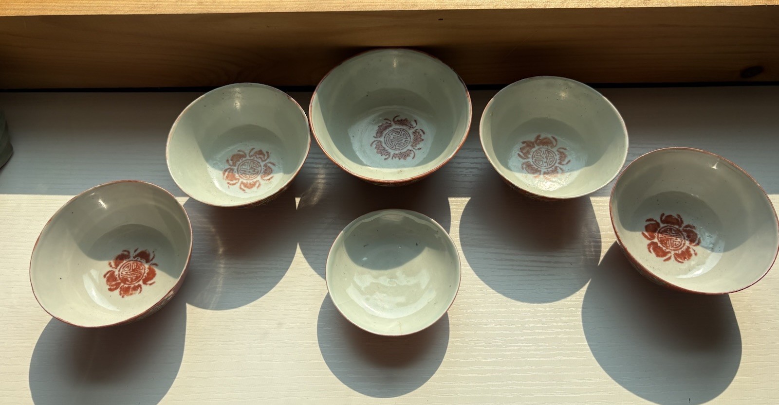 Vintage Chinese Hand Painted Red Rice Bowls Set of 6 Longevity Shou Mark China