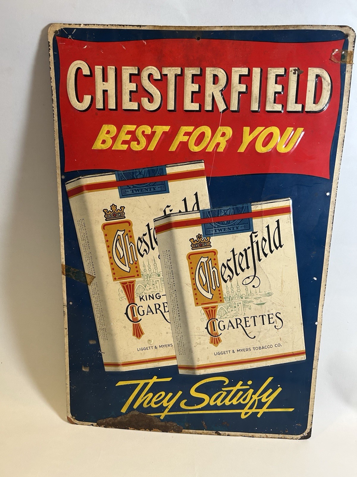 Antique Sign Chesterfield Cigarettes 1950s Metal Tobacco Sign  1950's Embossed