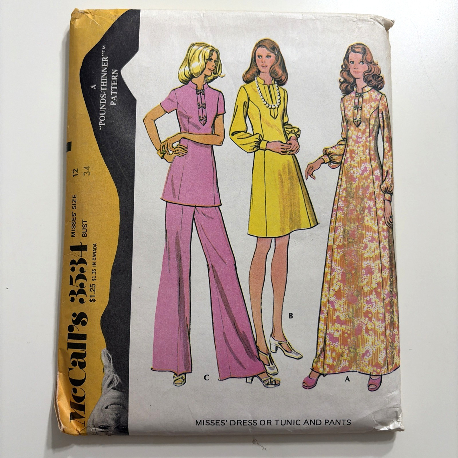 McCall\'s 3534 Vtg \'70s Sz 12 Miss Dress Tunic Wide Pants Frogs Mandarin Hostess