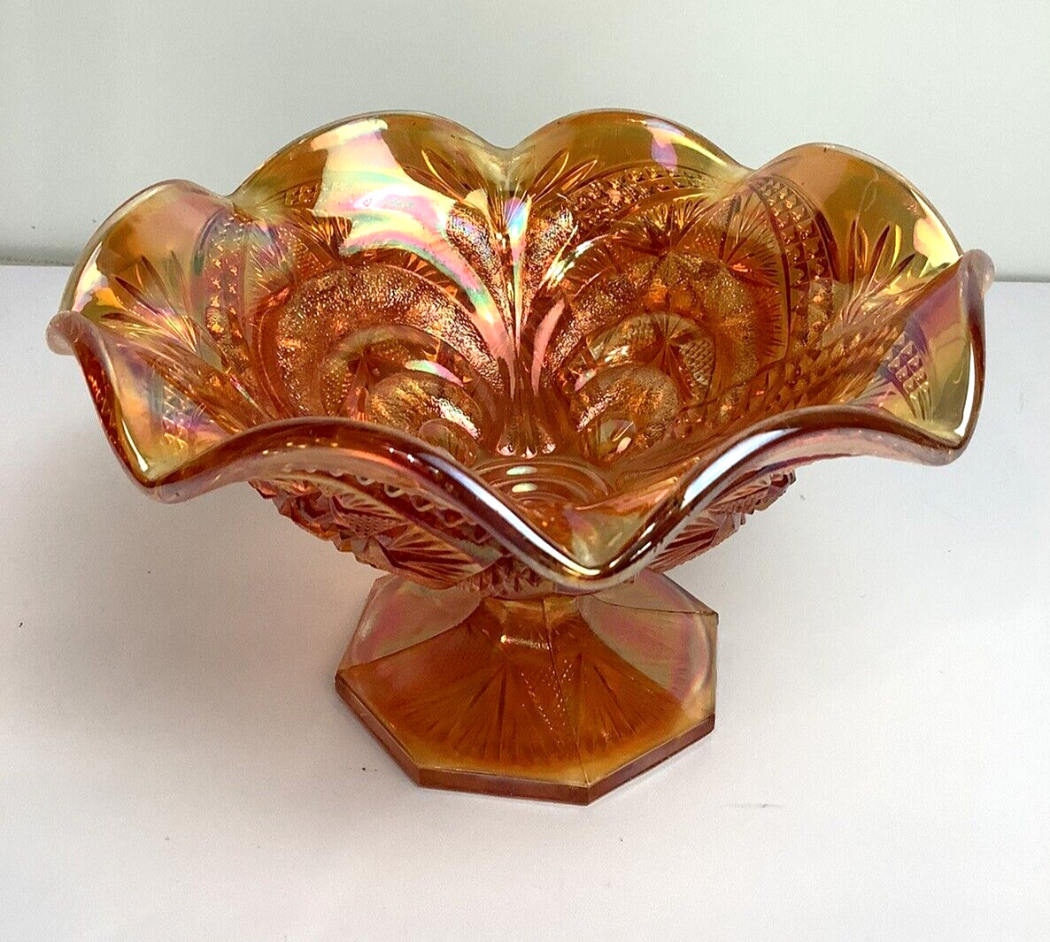 Imperial Glass Compote Marigold Scroll Embossed  Eastern Star Octagonal Footed