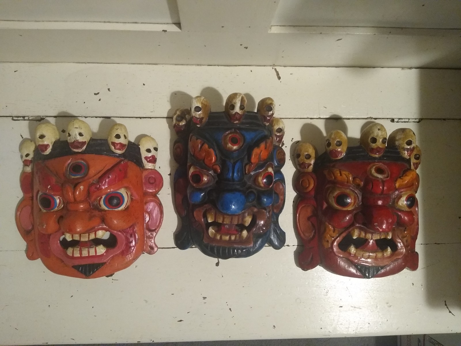 Set of 3 Hand-Carved Nepalese Bhairab Mahakala Wooden Masks – Himalayan Wall Art