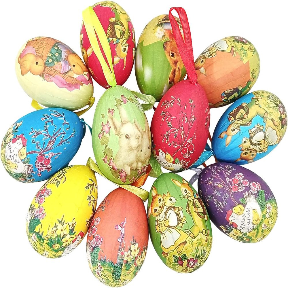 12Pcs Vintage Style Paper Mache Foam Egg Hanging Ornaments Easter Decoration