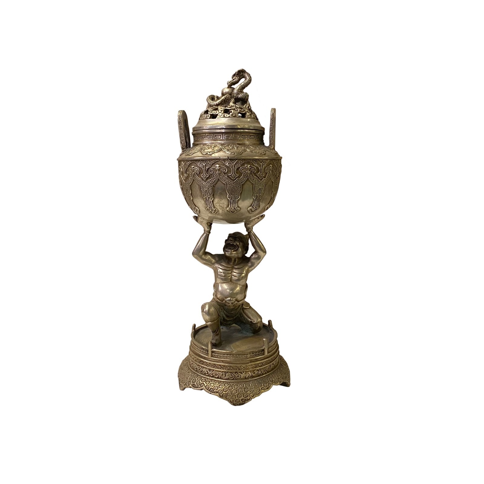 Oriental Silver Color Metal Lohan Deity Artistic Incense Burner Display ws3289